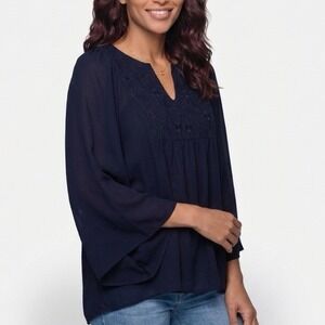LOFT Embroidered Blouse Women XS Navy Blue Boho V-Neck Long Sleeve Sheer Overlay